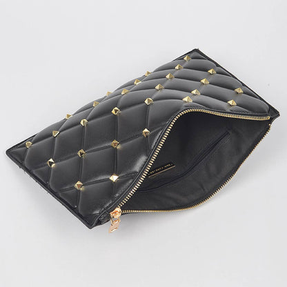 Studded Quilted Faux Leather Pouch: Black