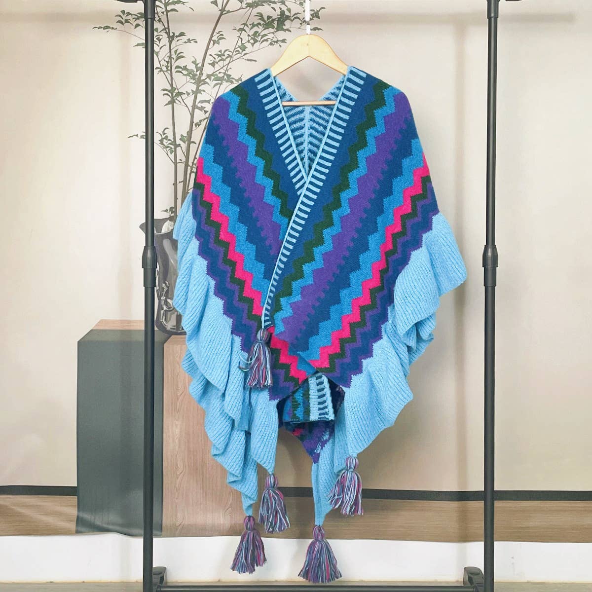 Paulina Knit Poncho with Tassel Accents, Electric Blue