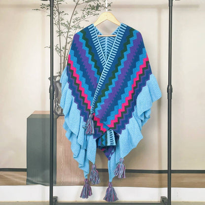 Paulina Knit Poncho with Tassel Accents, Electric Blue