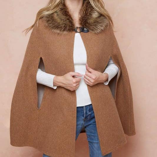 Cassandra Faux Fur Poncho, Caramel