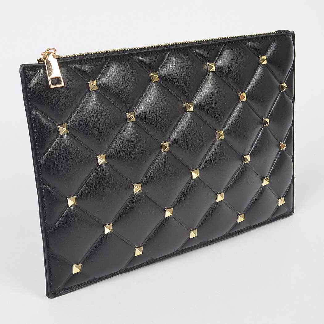 Studded Quilted Faux Leather Pouch: Black