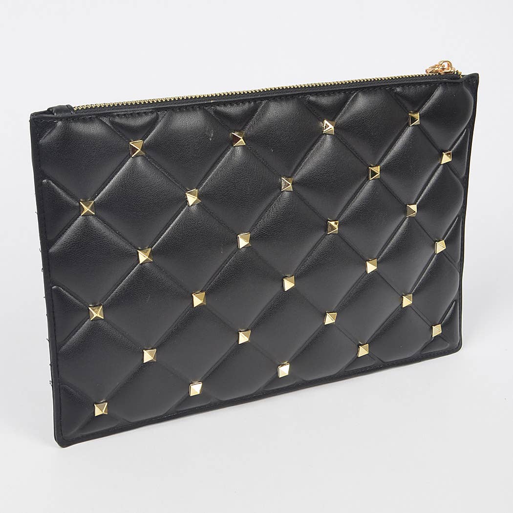 Studded Quilted Faux Leather Pouch: Black