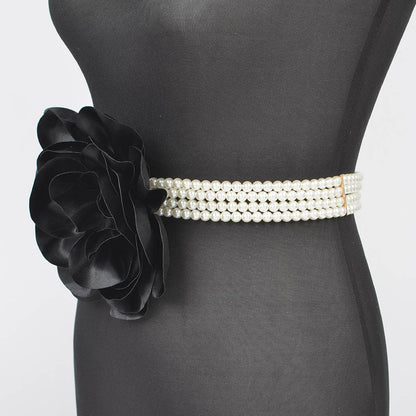 Oversized Flower Pearl Elastic Belt: BK