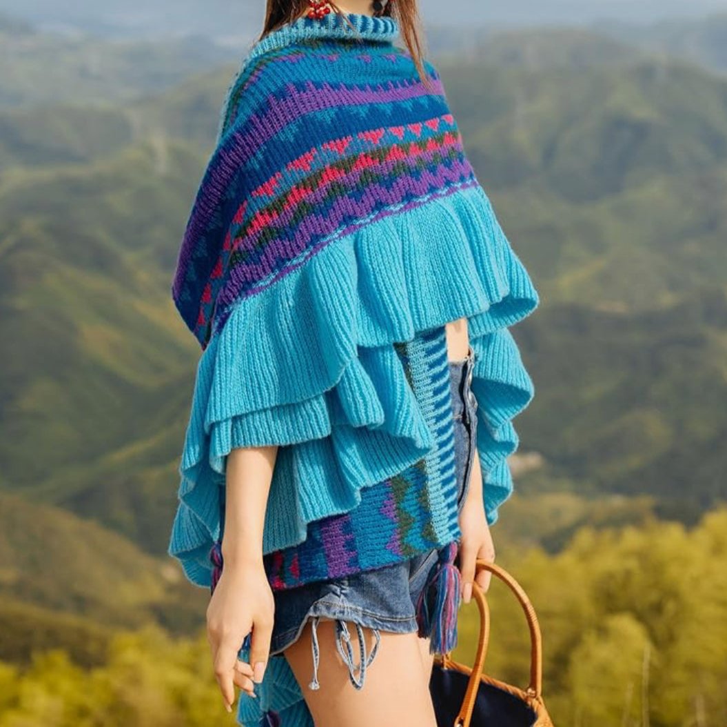 Paulina Knit Poncho with Tassel Accents, Electric Blue