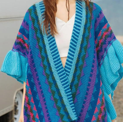 Paulina Knit Poncho with Tassel Accents, Electric Blue