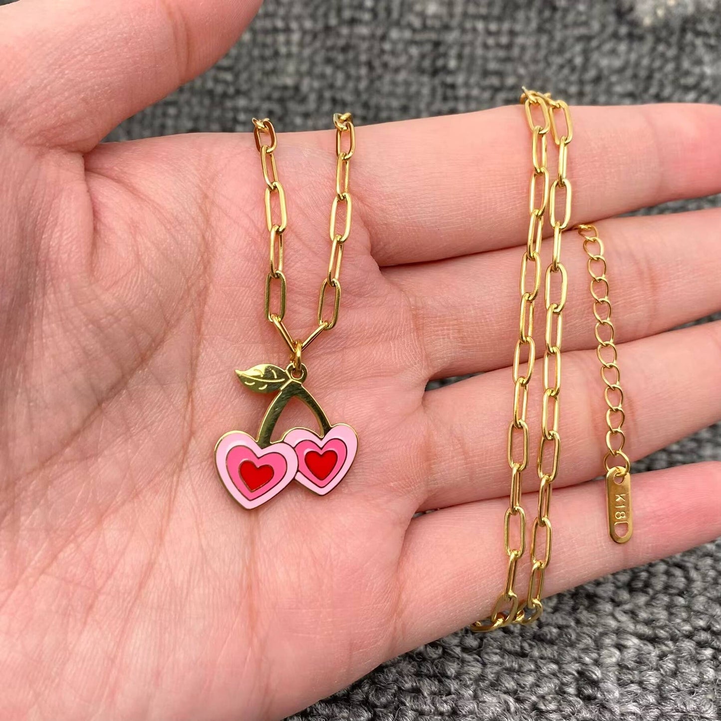 Pink Heart Cherry Charm Necklace