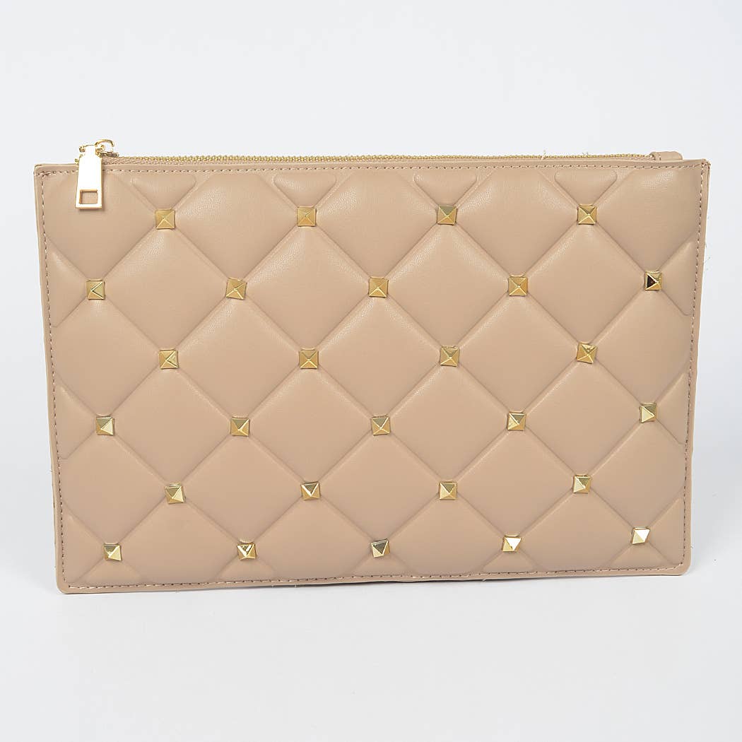 Studded Quilted Faux Leather Pouch: Black