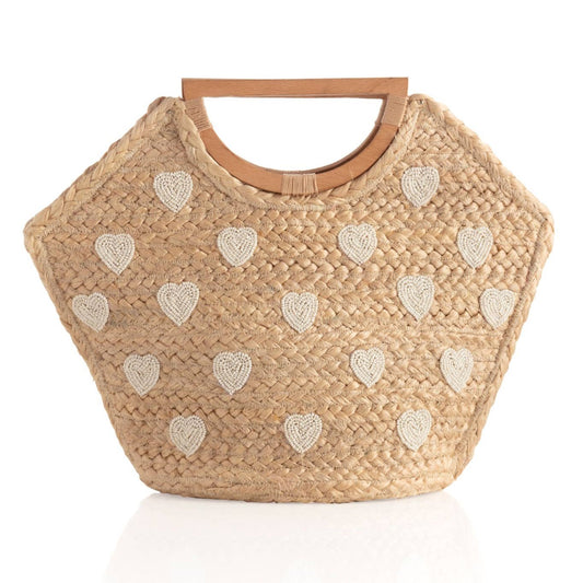 Beaded Heart Jute Tote