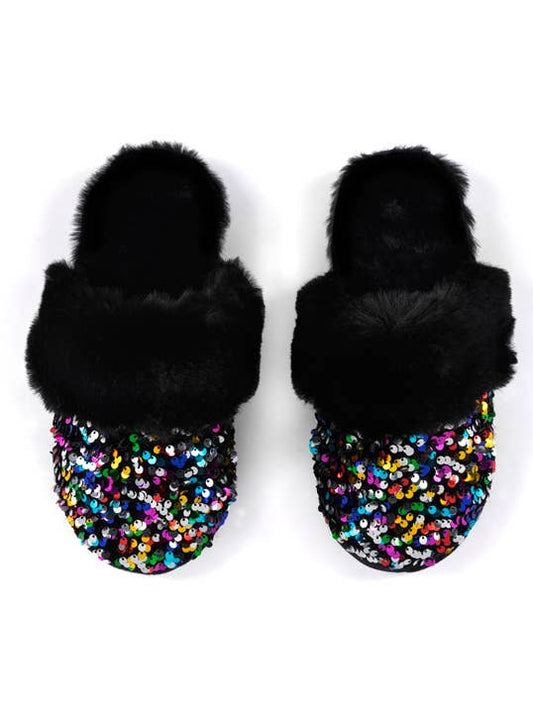 black multi colored sequin faux fur slippers