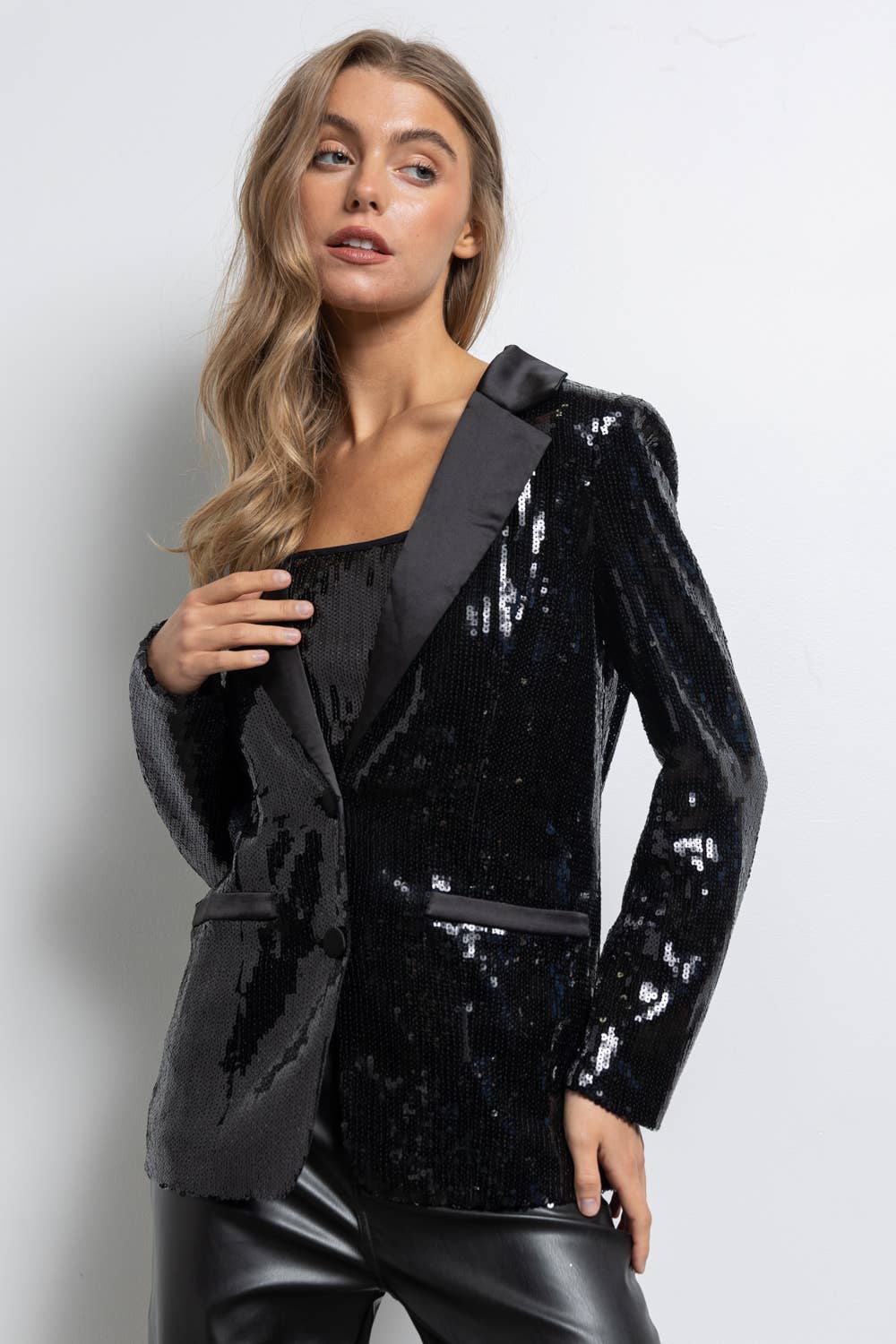 Sequined Button Down Blazer Jacket, Ebony