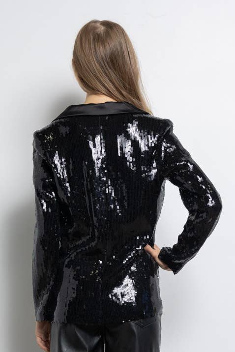 Sequined Button Down Blazer Jacket, Ebony