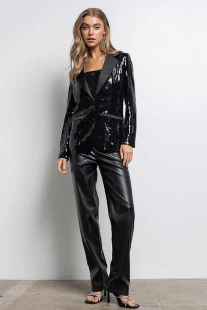 Sequined Button Down Blazer Jacket, Ebony