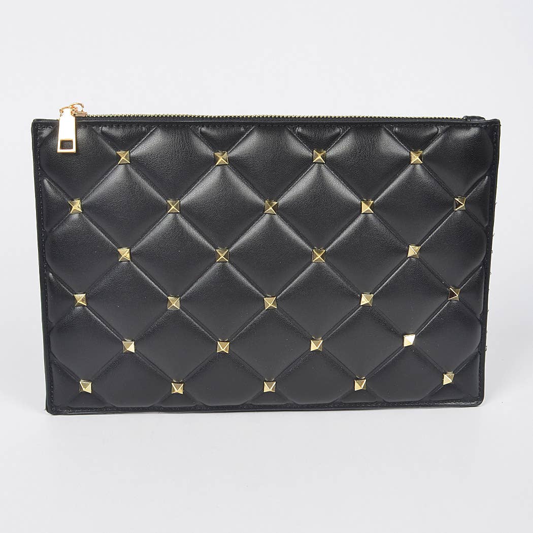 Studded Quilted Faux Leather Pouch: Black