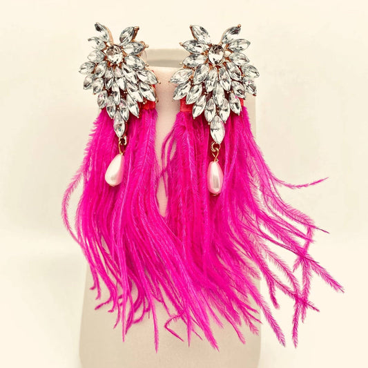 Fuchsia Feather & Rhinestone Earrings