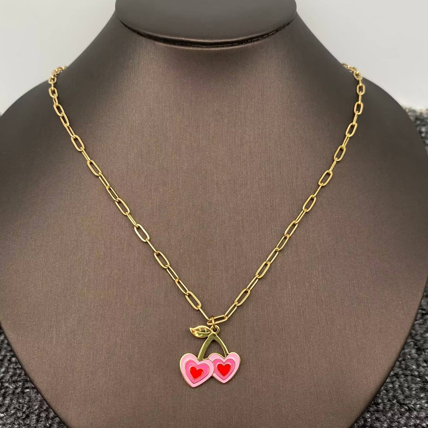 Pink Heart Cherry Charm Necklace