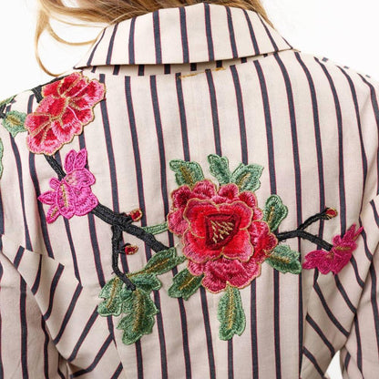 back floral embroidery detail on black & cream striped blazer