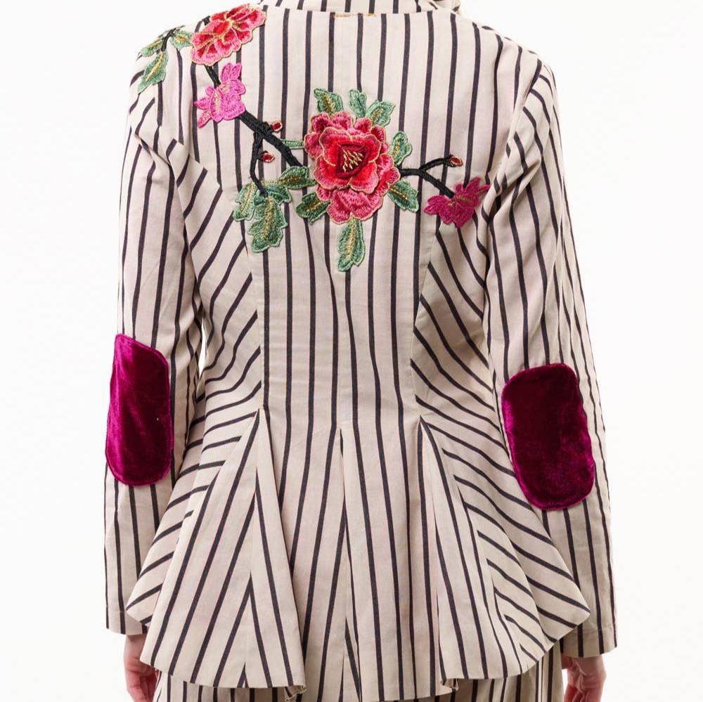 back view of floral embellished striped blazer