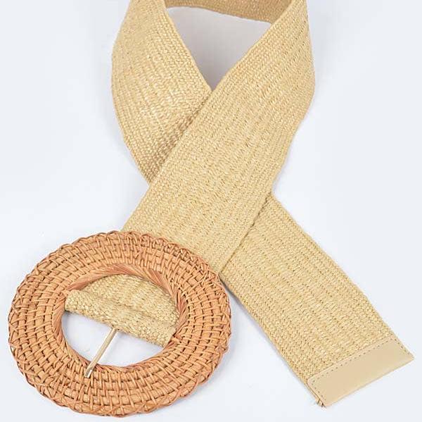 large tan elastic stretch belt with round rattan buckle