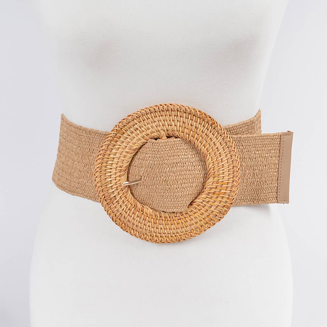 tan elastic belt with round rattan buckle