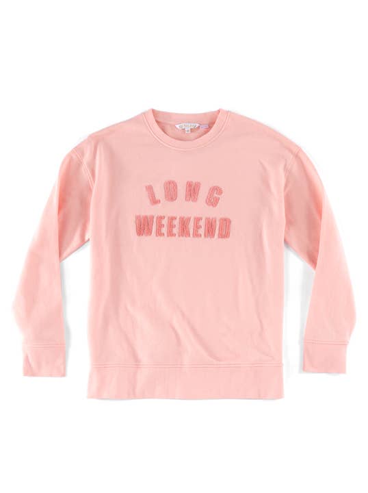 Pink sweatshirt with the words long weekend embroidered on it