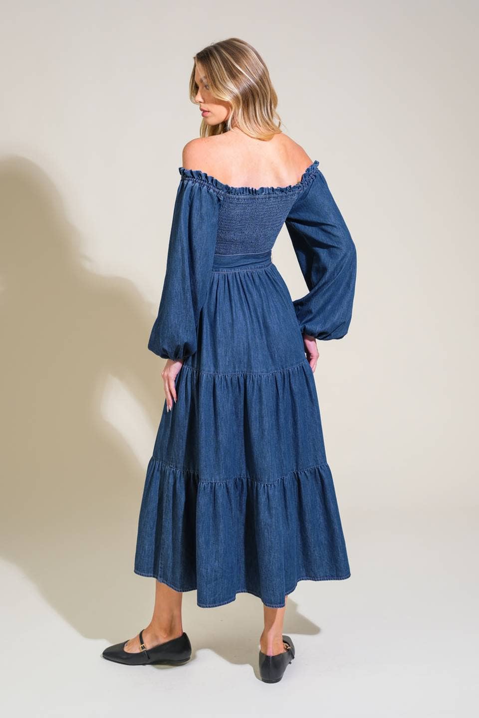 Darcy Off The Shoulder Denim Midi Dress