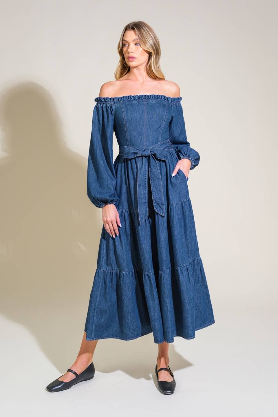 Darcy Off The Shoulder Denim Midi Dress