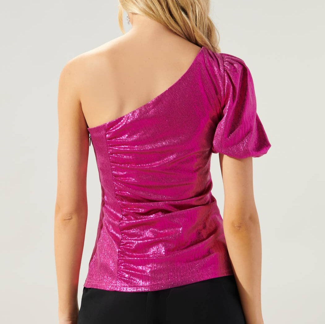 Carrie One Shoulder Ruched Top, Fuschia