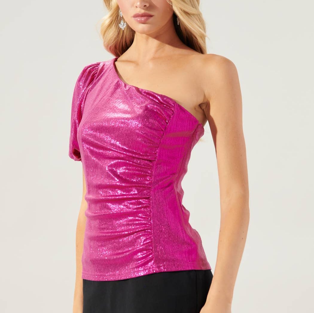 Carrie One Shoulder Ruched Top, Fuschia