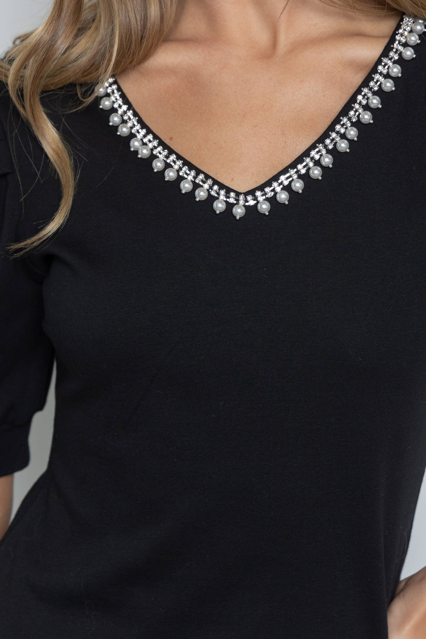 Kayla Pearl & Rhinestone Embellished Top, Black