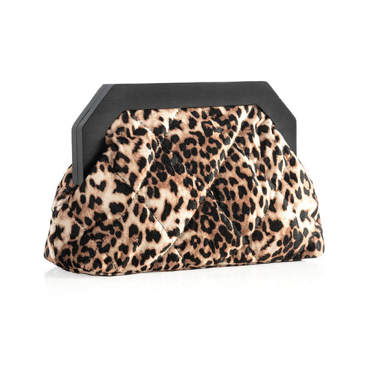 Leopard print clutch with black wood frame