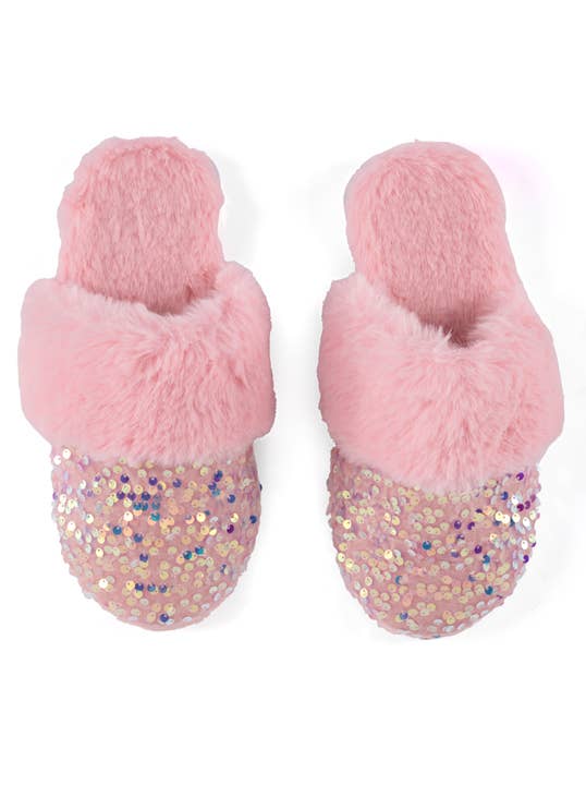 light pink faux fur slippers with outer sequin detail